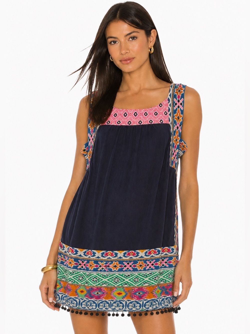 AKEMI + KIN Anthropologie Boho Embroidered Navy Ikat Beaded Sleeveless Dress S